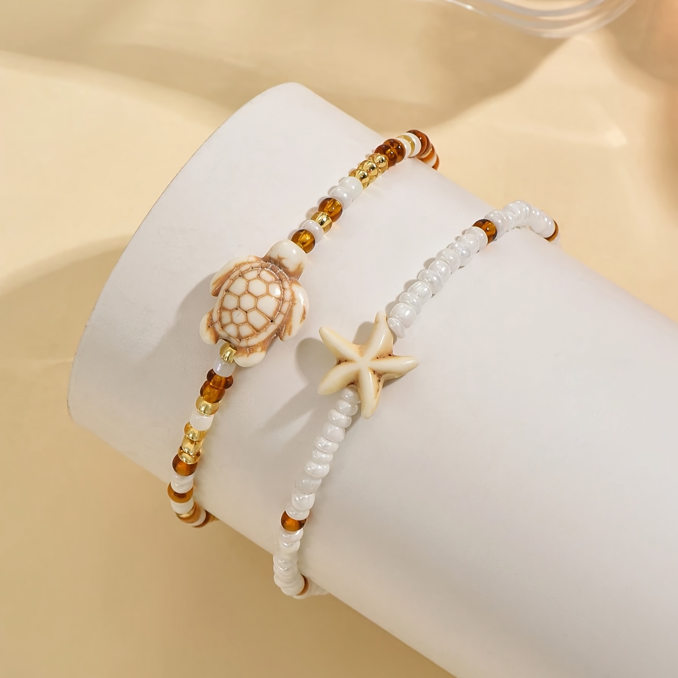 2pcs Beach Glass Bead Anklets Starfish Sea Turtle Ankle Bracelet Set